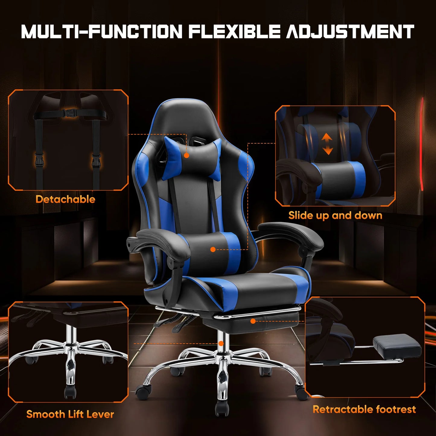 Ergonomic Leather Gaming Chair with Headrest and Lumbar Support